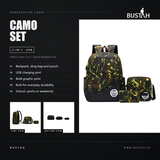 Bustah yellow camo 3-in-1 school backpack set with USB charging port, crossbody sling bag and zippered pouch