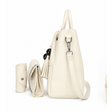 Cream White 3-in-1 Women’s Handbag Set – Faux Leather Tote, Chain Clutch & Card Holder